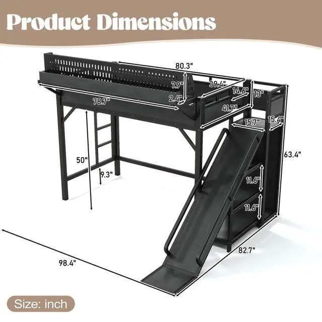 Alt view image 2 of 7 - Twin XL/Queen/Full Size Loft Bed with Slide, Storage Shelves and Wardrobe, Metal Dorm Bed with USB Ports and LED Lights, Corner Beds with Pegboard for Master Bedroom Guest Room (Black Twin XL)