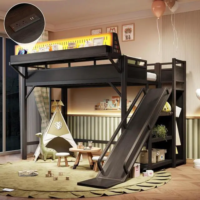 Alt view image 3 of 7 - Twin XL/Queen/Full Size Loft Bed with Slide, Storage Shelves and Wardrobe, Metal Dorm Bed with USB Ports and LED Lights, Corner Beds with Pegboard for Master Bedroom Guest Room (Black Twin XL)