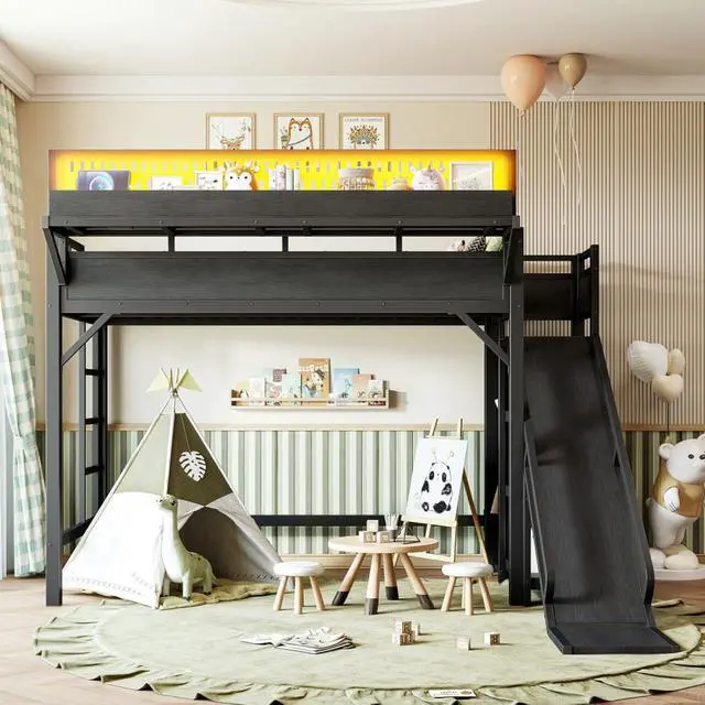 Alt view image 4 of 7 - Twin XL/Queen/Full Size Loft Bed with Slide, Storage Shelves and Wardrobe, Metal Dorm Bed with USB Ports and LED Lights, Corner Beds with Pegboard for Master Bedroom Guest Room (Black Twin XL)