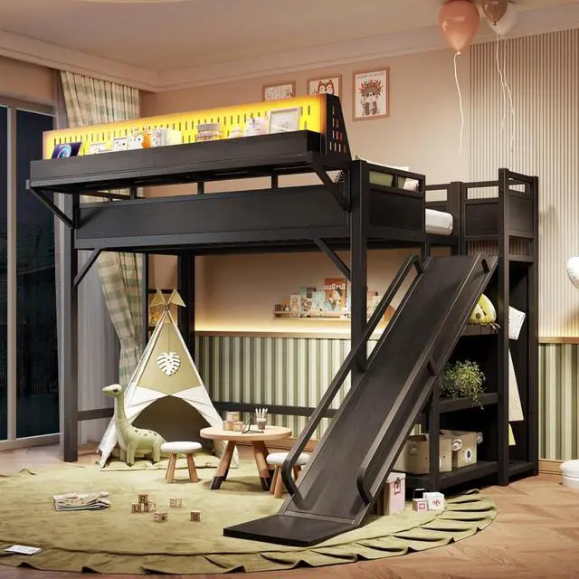 Alt view image 6 of 7 - Twin XL/Queen/Full Size Loft Bed with Slide, Storage Shelves and Wardrobe, Metal Dorm Bed with USB Ports and LED Lights, Corner Beds with Pegboard for Master Bedroom Guest Room (Black Twin XL)