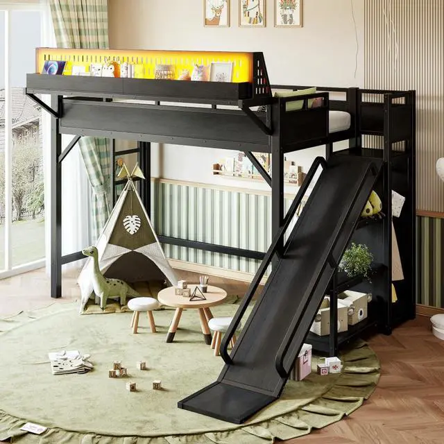 Alt view image 5 of 7 - Twin XL/Queen/Full Size Loft Bed with Slide, Storage Shelves and Wardrobe, Metal Dorm Bed with USB Ports and LED Lights, Corner Beds with Pegboard for Master Bedroom Guest Room (Black Twin XL)