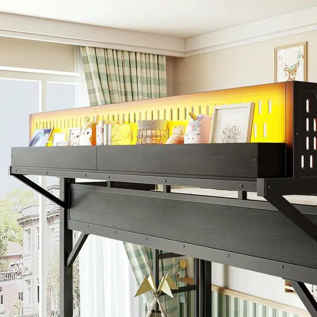 Alt view image 7 of 7 - Twin XL/Queen/Full Size Loft Bed with Slide, Storage Shelves and Wardrobe, Metal Dorm Bed with USB Ports and LED Lights, Corner Beds with Pegboard for Master Bedroom Guest Room (Black Twin XL)