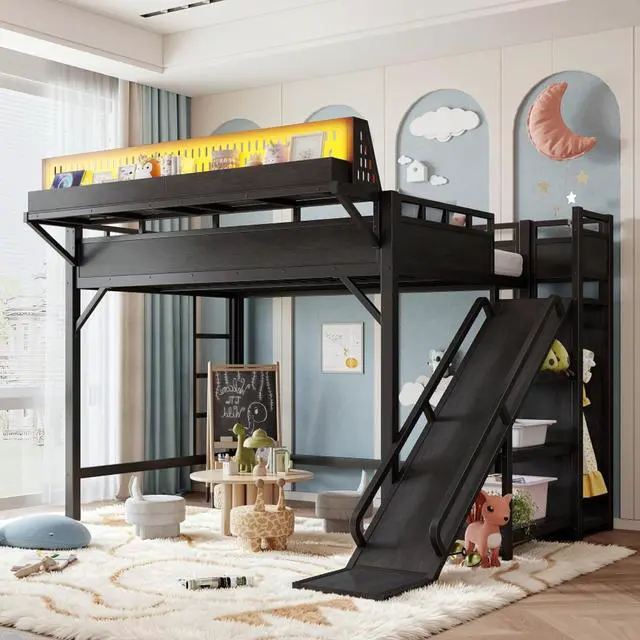 Main image of Hassyee Twin XL/Queen/Full Size Loft Bed with Slide, Storage Shelves and Wardrobe, Metal Dorm Bed with USB Ports and LED Lights, Corner Beds with Pegboard for Master Bedroom Guest Room (Black Full)