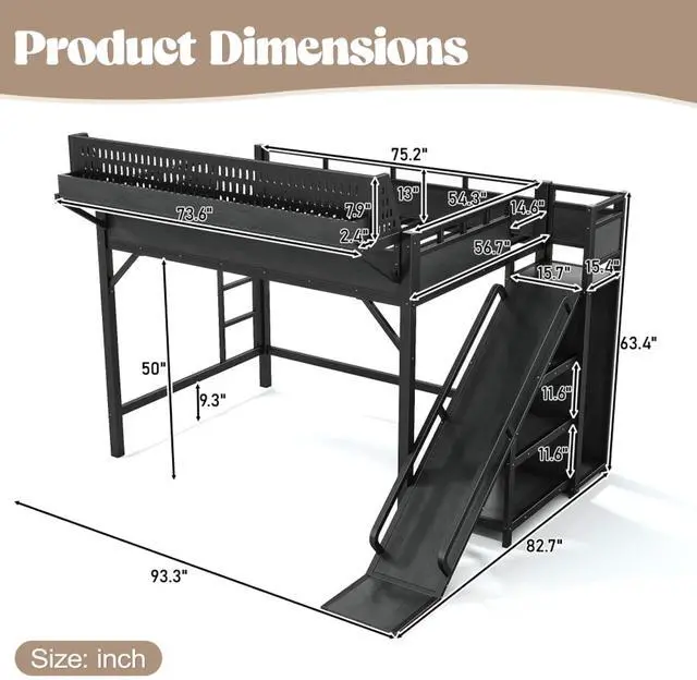 Alt view image 2 of 7 - Hassyee Twin XL/Queen/Full Size Loft Bed with Slide, Storage Shelves and Wardrobe, Metal Dorm Bed with USB Ports and LED Lights, Corner Beds with Pegboard for Master Bedroom Guest Room (Black Full)