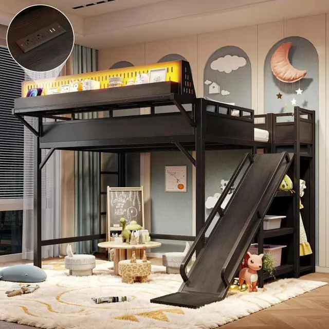 Alt view image 3 of 7 - Hassyee Twin XL/Queen/Full Size Loft Bed with Slide, Storage Shelves and Wardrobe, Metal Dorm Bed with USB Ports and LED Lights, Corner Beds with Pegboard for Master Bedroom Guest Room (Black Full)