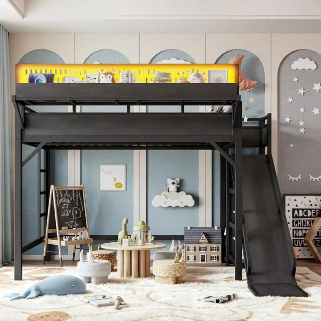 Alt view image 4 of 7 - Hassyee Twin XL/Queen/Full Size Loft Bed with Slide, Storage Shelves and Wardrobe, Metal Dorm Bed with USB Ports and LED Lights, Corner Beds with Pegboard for Master Bedroom Guest Room (Black Full)