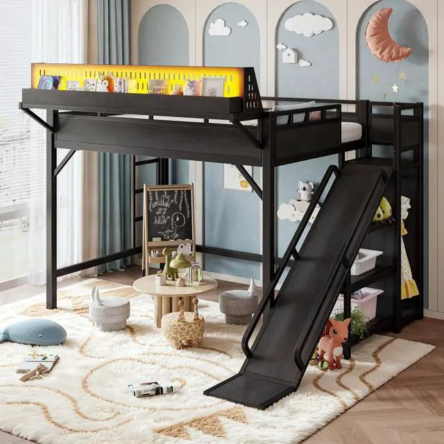 Alt view image 5 of 7 - Hassyee Twin XL/Queen/Full Size Loft Bed with Slide, Storage Shelves and Wardrobe, Metal Dorm Bed with USB Ports and LED Lights, Corner Beds with Pegboard for Master Bedroom Guest Room (Black Full)