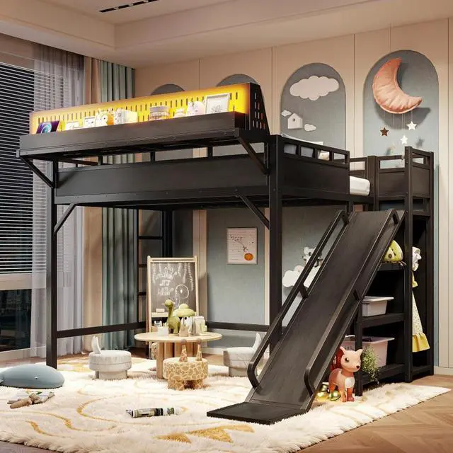 Alt view image 6 of 7 - Hassyee Twin XL/Queen/Full Size Loft Bed with Slide, Storage Shelves and Wardrobe, Metal Dorm Bed with USB Ports and LED Lights, Corner Beds with Pegboard for Master Bedroom Guest Room (Black Full)