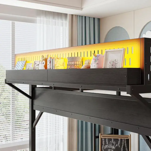 Alt view image 7 of 7 - Hassyee Twin XL/Queen/Full Size Loft Bed with Slide, Storage Shelves and Wardrobe, Metal Dorm Bed with USB Ports and LED Lights, Corner Beds with Pegboard for Master Bedroom Guest Room (Black Full)