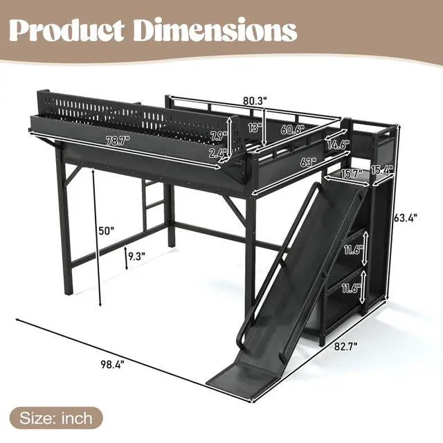 Alt view image 2 of 7 - Hassyee Twin XL/Queen/Full Size Loft Bed with Slide, Storage Shelves and Wardrobe, Metal Dorm Bed with USB Ports and LED Lights, Corner Beds with Pegboard for Master Bedroom Guest Room (Black Queen)