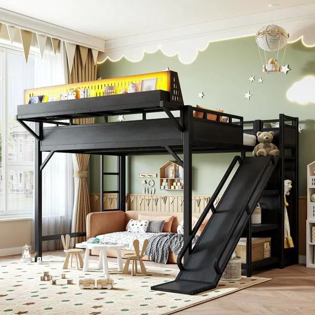 Main image of Hassyee Twin XL/Queen/Full Size Loft Bed with Slide, Storage Shelves and Wardrobe, Metal Dorm Bed with USB Ports and LED Lights, Corner Beds with Pegboard for Master Bedroom Guest Room (Black Queen)