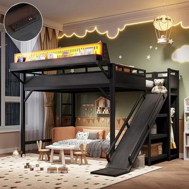Alt view image 3 of 7 - Hassyee Twin XL/Queen/Full Size Loft Bed with Slide, Storage Shelves and Wardrobe, Metal Dorm Bed with USB Ports and LED Lights, Corner Beds with Pegboard for Master Bedroom Guest Room (Black Queen)