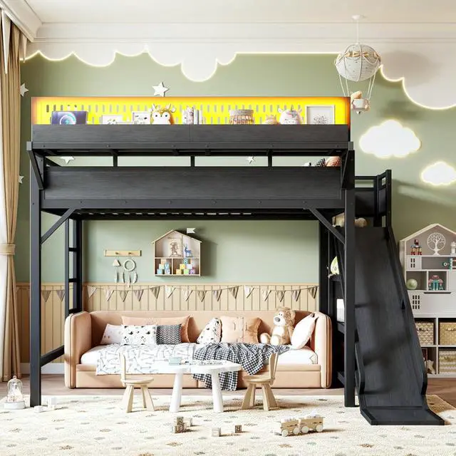 Alt view image 4 of 7 - Hassyee Twin XL/Queen/Full Size Loft Bed with Slide, Storage Shelves and Wardrobe, Metal Dorm Bed with USB Ports and LED Lights, Corner Beds with Pegboard for Master Bedroom Guest Room (Black Queen)