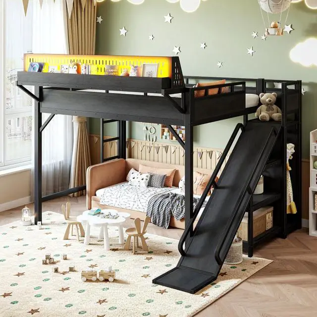 Alt view image 5 of 7 - Hassyee Twin XL/Queen/Full Size Loft Bed with Slide, Storage Shelves and Wardrobe, Metal Dorm Bed with USB Ports and LED Lights, Corner Beds with Pegboard for Master Bedroom Guest Room (Black Queen)