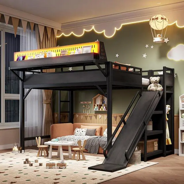 Alt view image 6 of 7 - Hassyee Twin XL/Queen/Full Size Loft Bed with Slide, Storage Shelves and Wardrobe, Metal Dorm Bed with USB Ports and LED Lights, Corner Beds with Pegboard for Master Bedroom Guest Room (Black Queen)