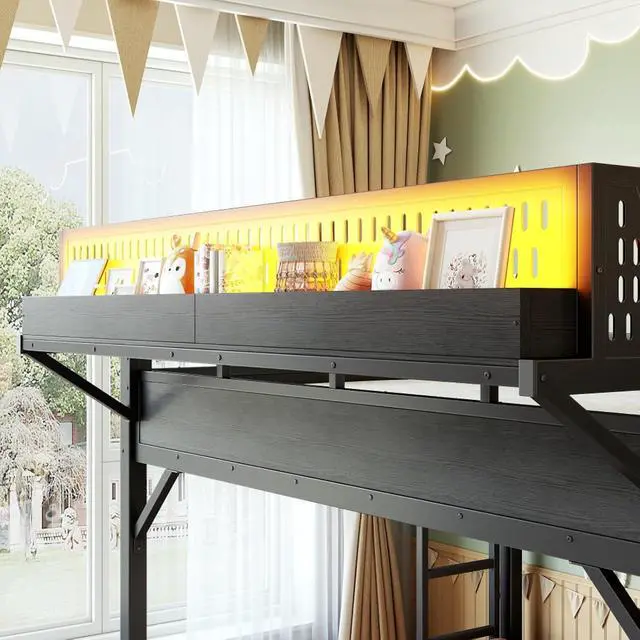 Alt view image 7 of 7 - Hassyee Twin XL/Queen/Full Size Loft Bed with Slide, Storage Shelves and Wardrobe, Metal Dorm Bed with USB Ports and LED Lights, Corner Beds with Pegboard for Master Bedroom Guest Room (Black Queen)