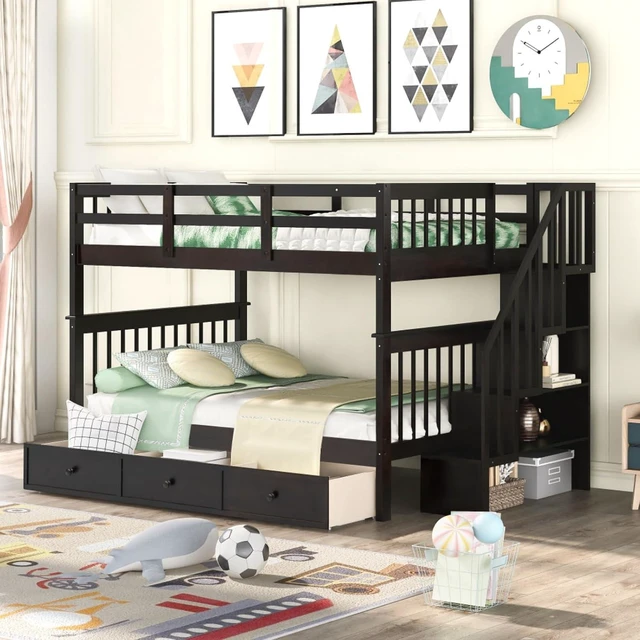 Main image of Hassyee Full-Over-Full Wood Bunk Bed with Staircase and Storage Drawers, Dorm Bed with Guard Rails and Slat Support for Guest Room Apartment Bedroom, No Box Spring Needed (Espresso Full-Over-Full)