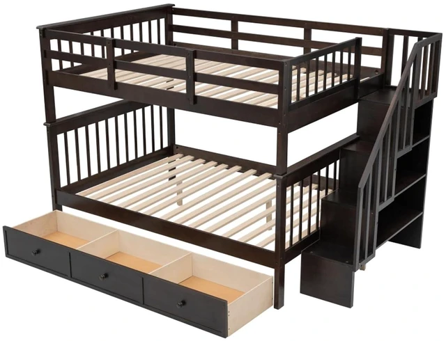 Alt view image 4 of 7 - Hassyee Full-Over-Full Wood Bunk Bed with Staircase and Storage Drawers, Dorm Bed with Guard Rails and Slat Support for Guest Room Apartment Bedroom, No Box Spring Needed (Espresso Full-Over-Full)