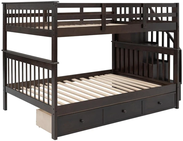 Alt view image 5 of 7 - Hassyee Full-Over-Full Wood Bunk Bed with Staircase and Storage Drawers, Dorm Bed with Guard Rails and Slat Support for Guest Room Apartment Bedroom, No Box Spring Needed (Espresso Full-Over-Full)