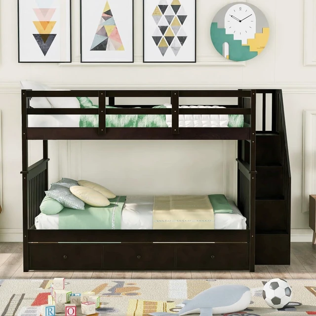 Alt view image 3 of 7 - Hassyee Full-Over-Full Wood Bunk Bed with Staircase and Storage Drawers, Dorm Bed with Guard Rails and Slat Support for Guest Room Apartment Bedroom, No Box Spring Needed (Espresso Full-Over-Full)