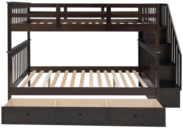 Alt view image 6 of 7 - Hassyee Full-Over-Full Wood Bunk Bed with Staircase and Storage Drawers, Dorm Bed with Guard Rails and Slat Support for Guest Room Apartment Bedroom, No Box Spring Needed (Espresso Full-Over-Full)