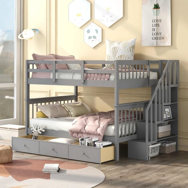 Main image of Hassyee Full-Over-Full Wood Bunk Bed with Staircase and Storage Drawers, Dorm Bed with Guard Rails and Slat Support for Guest Room Apartment Bedroom, No Box Spring Needed (Gray Full-Over-Full)