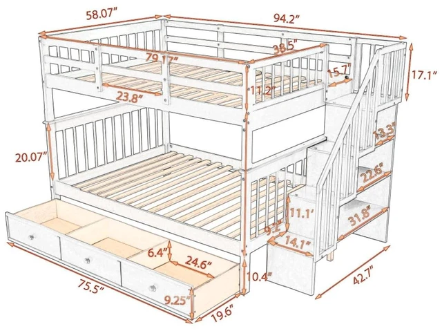 Alt view image 2 of 7 - Hassyee Full-Over-Full Wood Bunk Bed with Staircase and Storage Drawers, Dorm Bed with Guard Rails and Slat Support for Guest Room Apartment Bedroom, No Box Spring Needed (Gray Full-Over-Full)