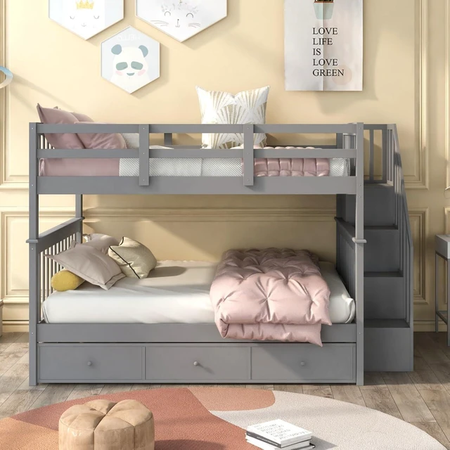 Alt view image 3 of 7 - Hassyee Full-Over-Full Wood Bunk Bed with Staircase and Storage Drawers, Dorm Bed with Guard Rails and Slat Support for Guest Room Apartment Bedroom, No Box Spring Needed (Gray Full-Over-Full)