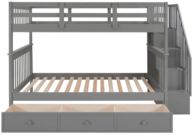 Alt view image 6 of 7 - Hassyee Full-Over-Full Wood Bunk Bed with Staircase and Storage Drawers, Dorm Bed with Guard Rails and Slat Support for Guest Room Apartment Bedroom, No Box Spring Needed (Gray Full-Over-Full)