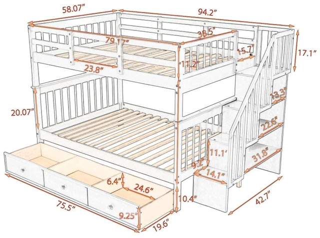 Alt view image 2 of 7 - Hassyee Full-Over-Full Wood Bunk Bed with Staircase and Storage Drawers, Dorm Bed with Guard Rails and Slat Support for Guest Room Apartment Bedroom, No Box Spring Needed (Espresso Full-Over-Full)