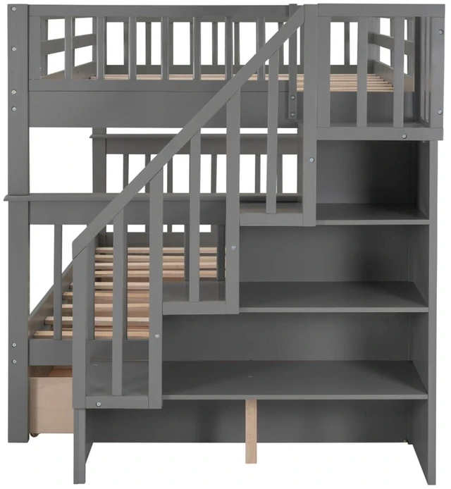 Alt view image 4 of 7 - Hassyee Full-Over-Full Wood Bunk Bed with Staircase and Storage Drawers, Dorm Bed with Guard Rails and Slat Support for Guest Room Apartment Bedroom, No Box Spring Needed (Gray Full-Over-Full)