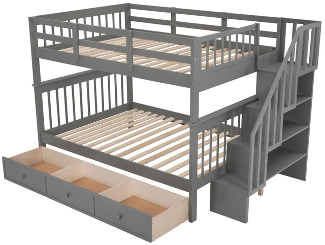 Alt view image 5 of 7 - Hassyee Full-Over-Full Wood Bunk Bed with Staircase and Storage Drawers, Dorm Bed with Guard Rails and Slat Support for Guest Room Apartment Bedroom, No Box Spring Needed (Gray Full-Over-Full)