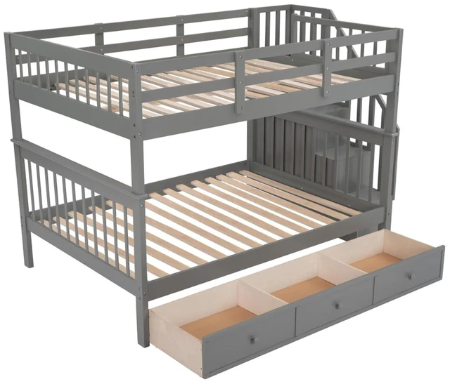 Alt view image 7 of 7 - Hassyee Full-Over-Full Wood Bunk Bed with Staircase and Storage Drawers, Dorm Bed with Guard Rails and Slat Support for Guest Room Apartment Bedroom, No Box Spring Needed (Gray Full-Over-Full)