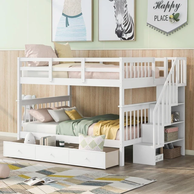 Main image of Hassyee Full-Over-Full Wood Bunk Bed with Staircase and Storage Drawers, Dorm Bed with Guard Rails and Slat Support for Guest Room Apartment Bedroom, No Box Spring Needed (White Full-Over-Full)