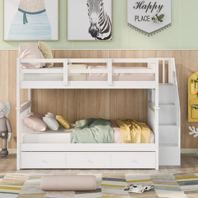 Alt view image 3 of 7 - Hassyee Full-Over-Full Wood Bunk Bed with Staircase and Storage Drawers, Dorm Bed with Guard Rails and Slat Support for Guest Room Apartment Bedroom, No Box Spring Needed (White Full-Over-Full)