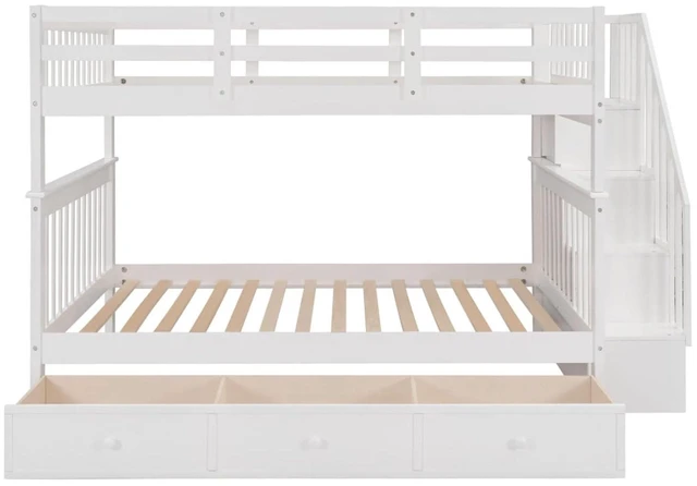 Alt view image 4 of 7 - Hassyee Full-Over-Full Wood Bunk Bed with Staircase and Storage Drawers, Dorm Bed with Guard Rails and Slat Support for Guest Room Apartment Bedroom, No Box Spring Needed (White Full-Over-Full)