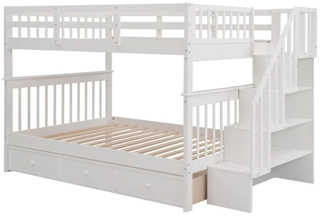 Alt view image 6 of 7 - Hassyee Full-Over-Full Wood Bunk Bed with Staircase and Storage Drawers, Dorm Bed with Guard Rails and Slat Support for Guest Room Apartment Bedroom, No Box Spring Needed (White Full-Over-Full)