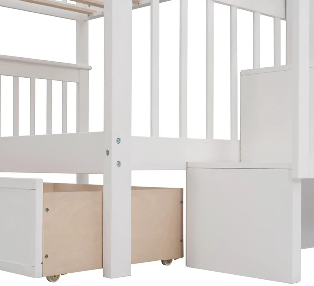 Alt view image 7 of 7 - Hassyee Full-Over-Full Wood Bunk Bed with Staircase and Storage Drawers, Dorm Bed with Guard Rails and Slat Support for Guest Room Apartment Bedroom, No Box Spring Needed (White Full-Over-Full)