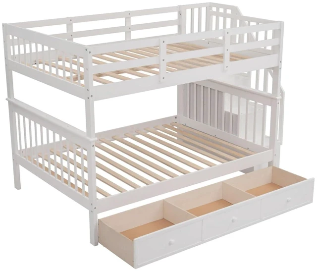 Alt view image 5 of 7 - Hassyee Full-Over-Full Wood Bunk Bed with Staircase and Storage Drawers, Dorm Bed with Guard Rails and Slat Support for Guest Room Apartment Bedroom, No Box Spring Needed (White Full-Over-Full)