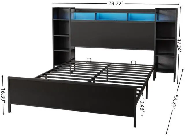 Alt view image 2 of 7 - Queen/King/Twin/Full Size Metal Platform Bed Frame with USB Charging Station and Storage Headboard, Panel Bed Mattress Foundation with LED Light for Guest Room Apartment Bedroom (Black + Full)