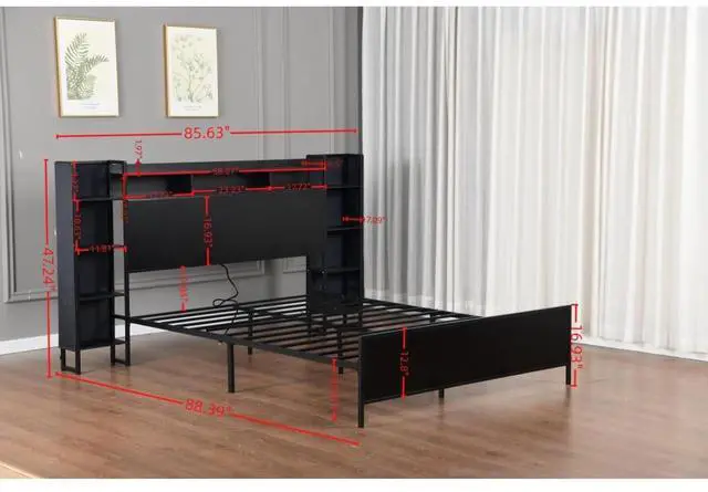Alt view image 2 of 7 - Queen/King/Twin/Full Size Metal Platform Bed Frame with USB Charging Station and Storage Headboard, Panel Bed Mattress Foundation with LED Light for Guest Room Apartment Bedroom (Black + Queen)