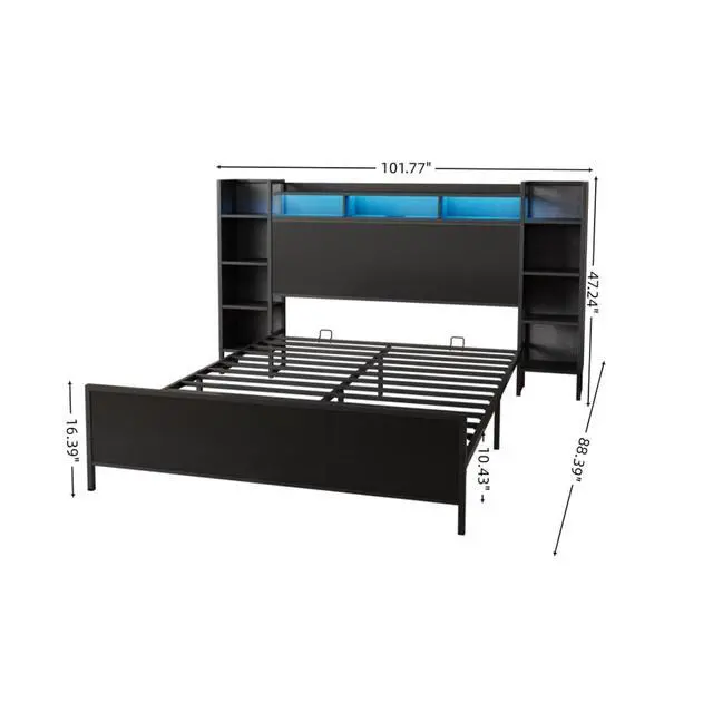 Alt view image 2 of 7 - Queen/King/Twin/Full Size Metal Platform Bed Frame with USB Charging Station and Storage Headboard, Panel Bed Mattress Foundation with LED Light for Guest Room Apartment Bedroom (Black + King)