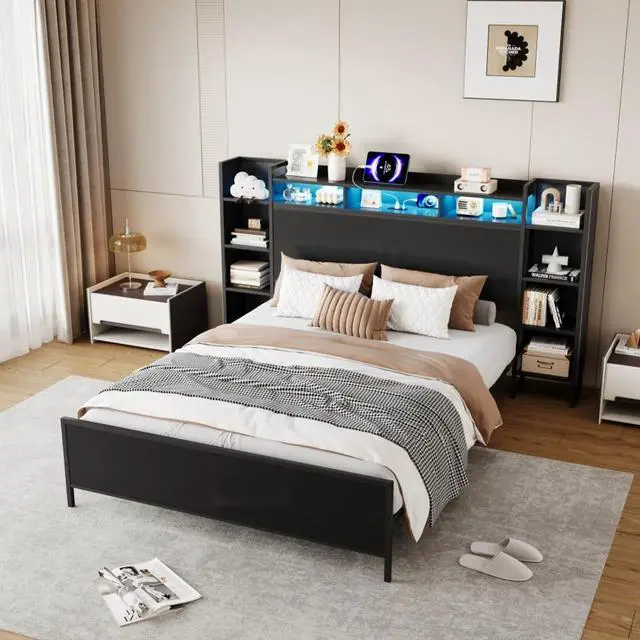 Alt view image 4 of 7 - Queen/King/Twin/Full Size Metal Platform Bed Frame with USB Charging Station and Storage Headboard, Panel Bed Mattress Foundation with LED Light for Guest Room Apartment Bedroom (Black + Twin)