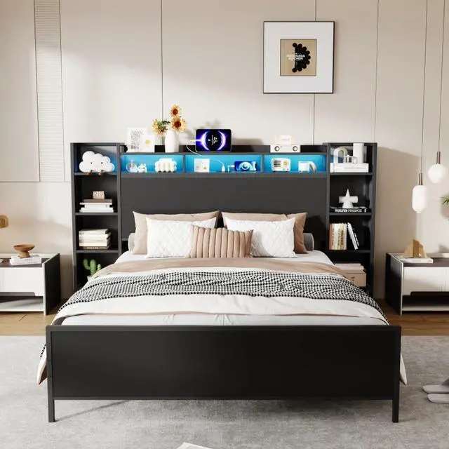 Alt view image 3 of 7 - Queen/King/Twin/Full Size Metal Platform Bed Frame with USB Charging Station and Storage Headboard, Panel Bed Mattress Foundation with LED Light for Guest Room Apartment Bedroom (Black + Twin)