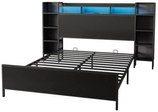 Alt view image 6 of 7 - Queen/King/Twin/Full Size Metal Platform Bed Frame with USB Charging Station and Storage Headboard, Panel Bed Mattress Foundation with LED Light for Guest Room Apartment Bedroom (Black + King)
