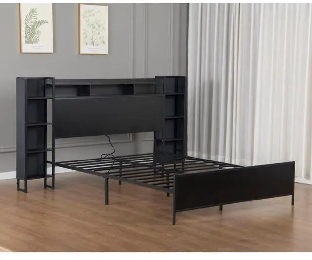 Alt view image 6 of 7 - Queen/King/Twin/Full Size Metal Platform Bed Frame with USB Charging Station and Storage Headboard, Panel Bed Mattress Foundation with LED Light for Guest Room Apartment Bedroom (Black + Twin)