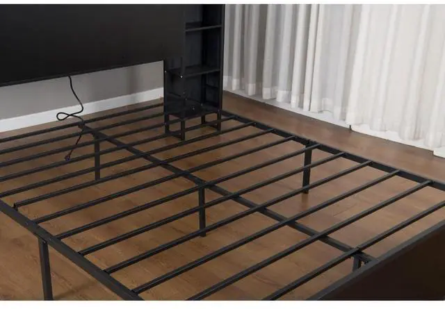 Alt view image 7 of 7 - Queen/King/Twin/Full Size Metal Platform Bed Frame with USB Charging Station and Storage Headboard, Panel Bed Mattress Foundation with LED Light for Guest Room Apartment Bedroom (Black + Twin)