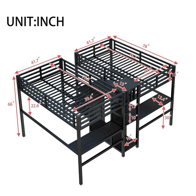 Alt view image 2 of 7 - Hassyee Double Twin Metal Loft Bed with Desk and Wardrobe, Sturdy Dorm Bed with Ladder, Guardrail and Storage Shelves for Teens Shared Room Bedroom Apartment, No Box Spring Needed (Black Double Twin)