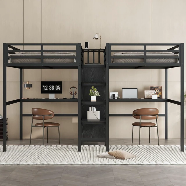 Alt view image 3 of 7 - Hassyee Double Twin Metal Loft Bed with Desk and Wardrobe, Sturdy Dorm Bed with Ladder, Guardrail and Storage Shelves for Teens Shared Room Bedroom Apartment, No Box Spring Needed (Black Double Twin)