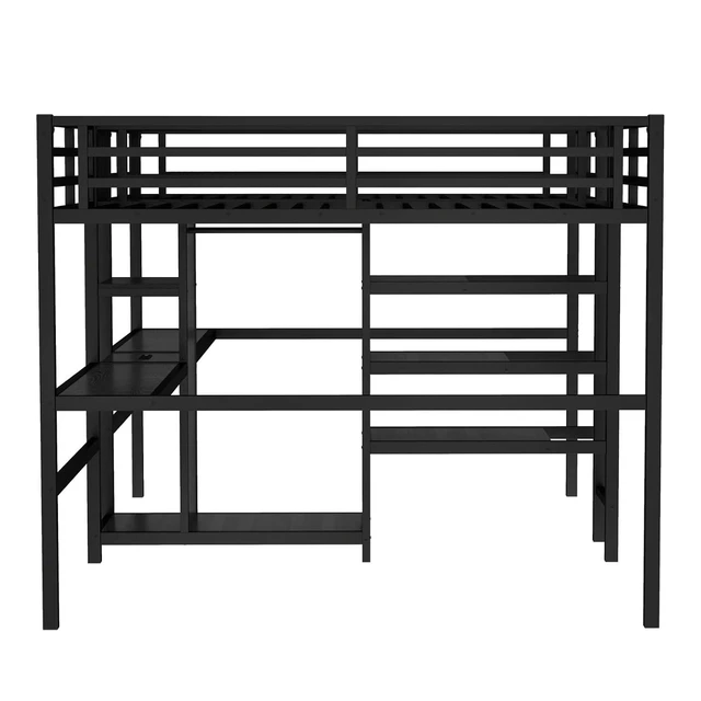 Alt view image 6 of 7 - Hassyee Double Twin Metal Loft Bed with Desk and Wardrobe, Sturdy Dorm Bed with Ladder, Guardrail and Storage Shelves for Teens Shared Room Bedroom Apartment, No Box Spring Needed (Black Double Twin)